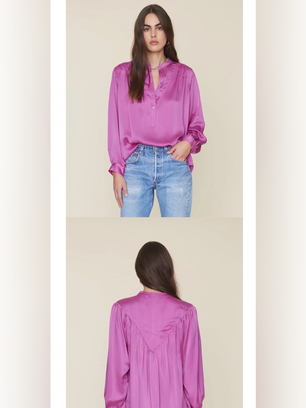 XiRENA Satin V-Neck Blouse in Magenta